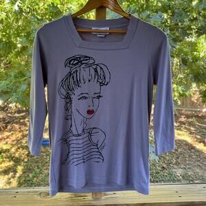 Victoria Women's Grey Portrait Top Red Lips 3/4 Sleeves Size S